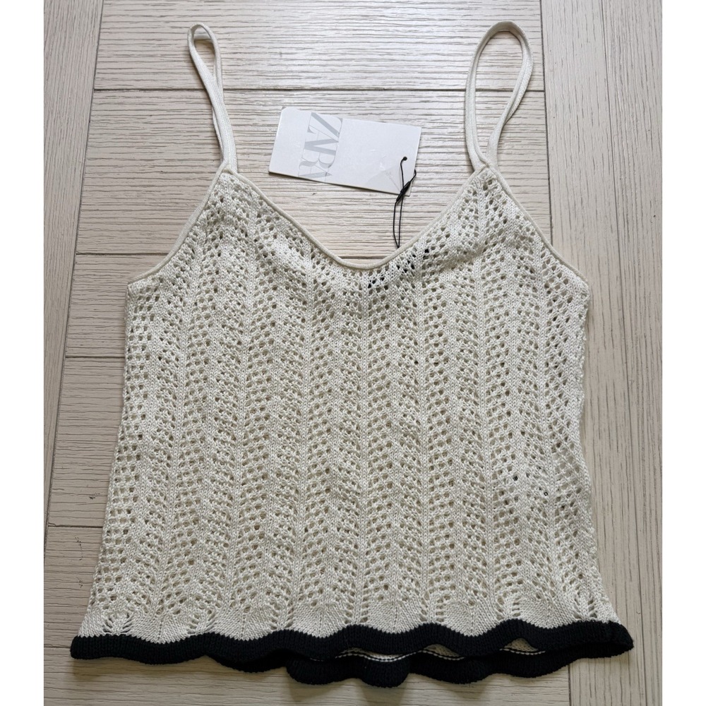Zara NWT Textured Crochet Crop Tank‎ Top W/ Scalloped Black Hem Sz S. Boho Retro